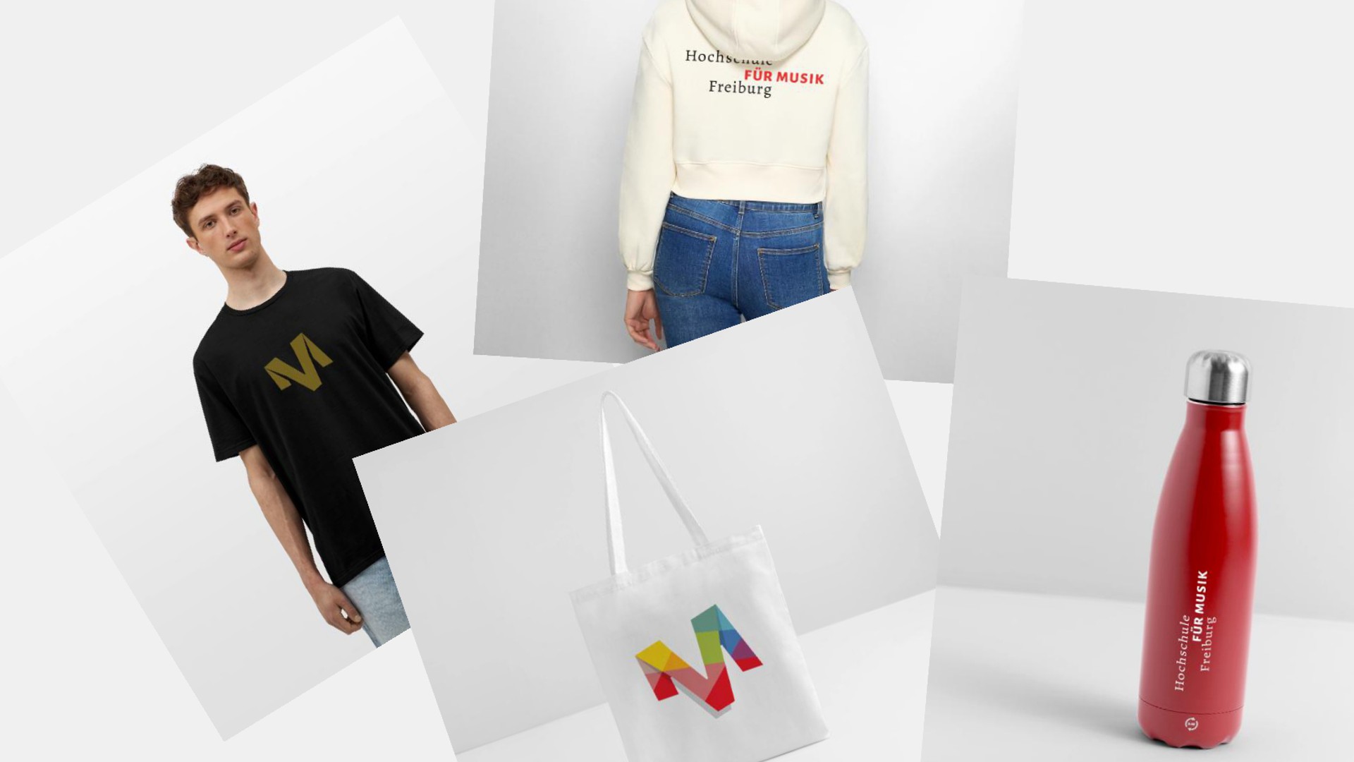 Foto-Collage mit Student in schwarzem Shirt, Studentin in cremefarbenem Hoodie, weißer Hochschul-Tasche und roter Metallflasche