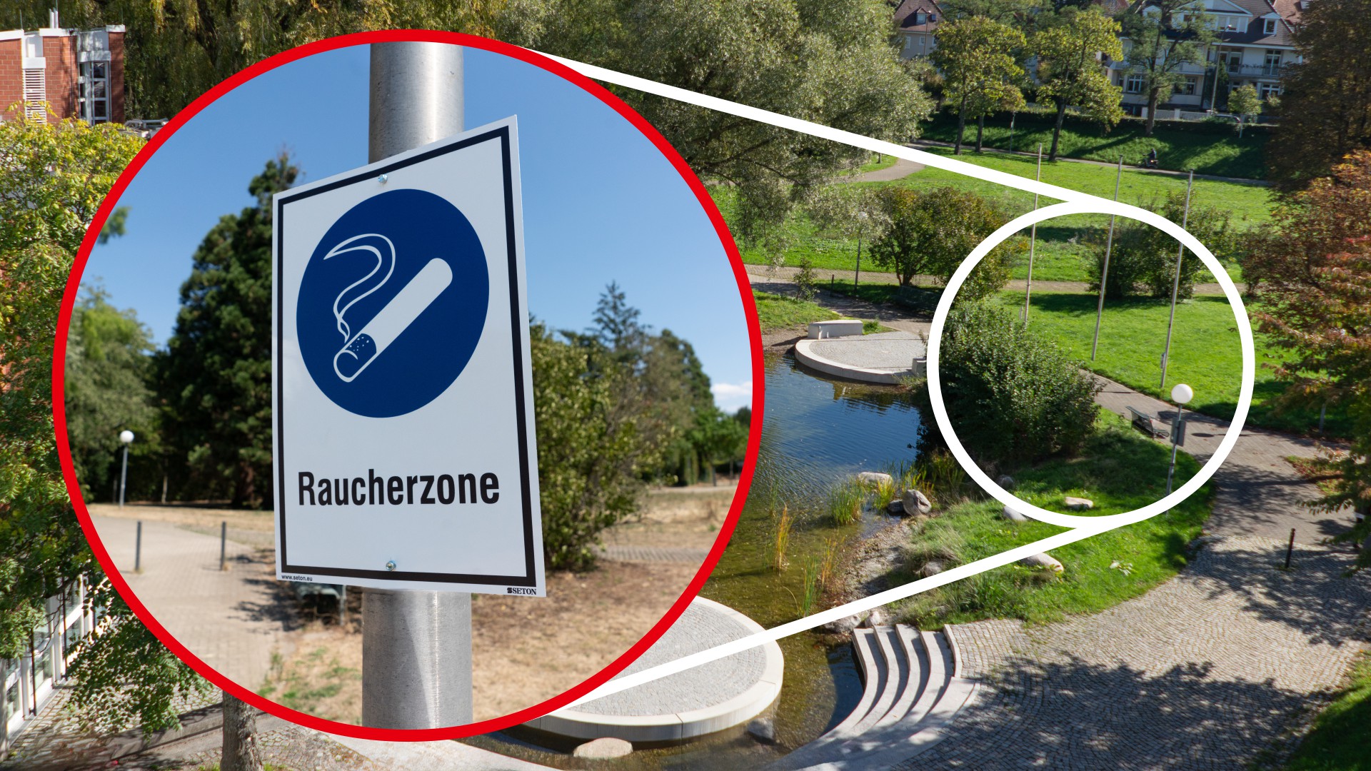 Bild vom Gelände vor der Hochschule, der neue Raucherbereich am Teich ist hervorgehoben