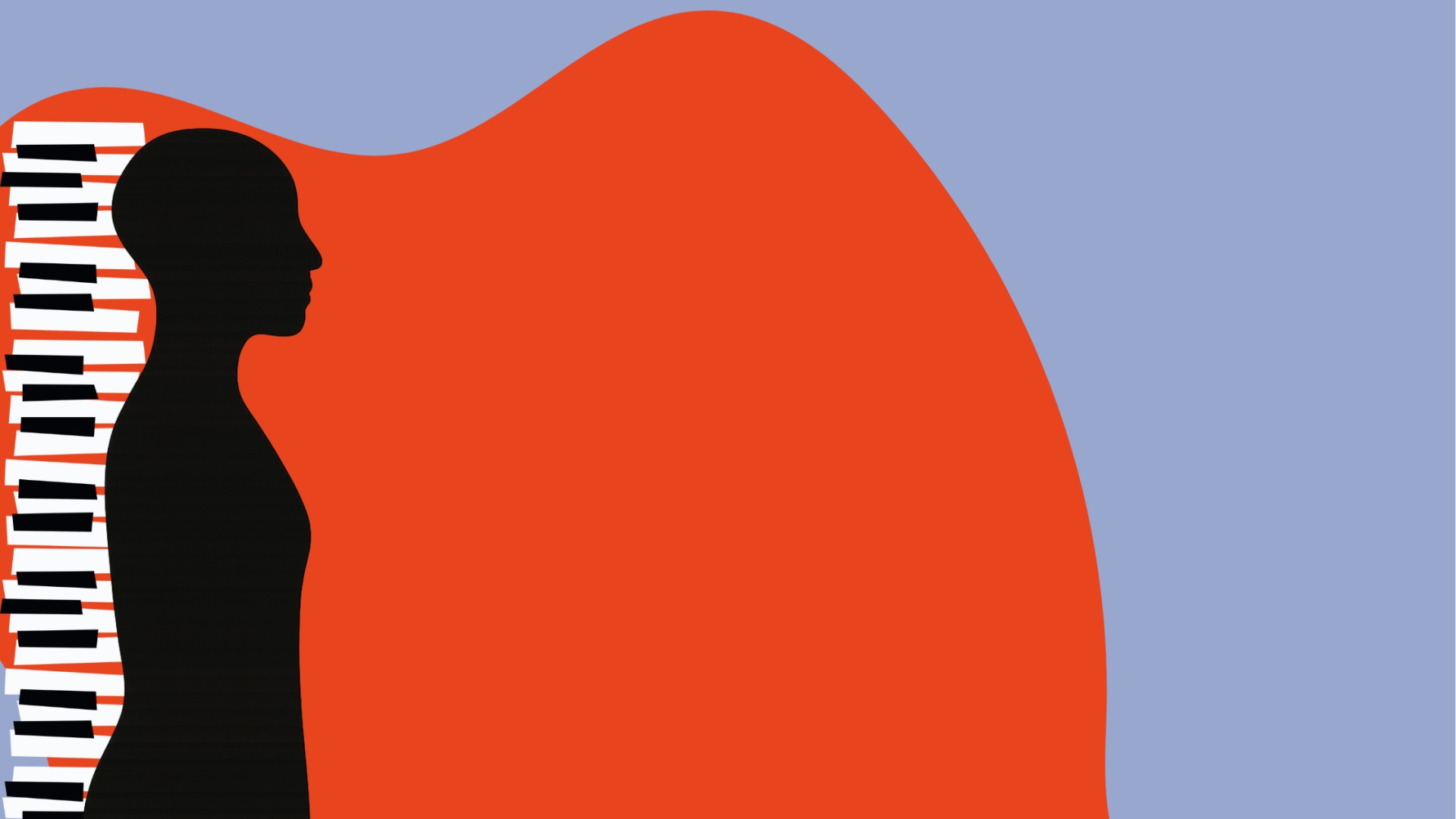 Schwarze Frauenfigur vor rot-blauem Hintergrund, an der Seite Klaviertastatur 