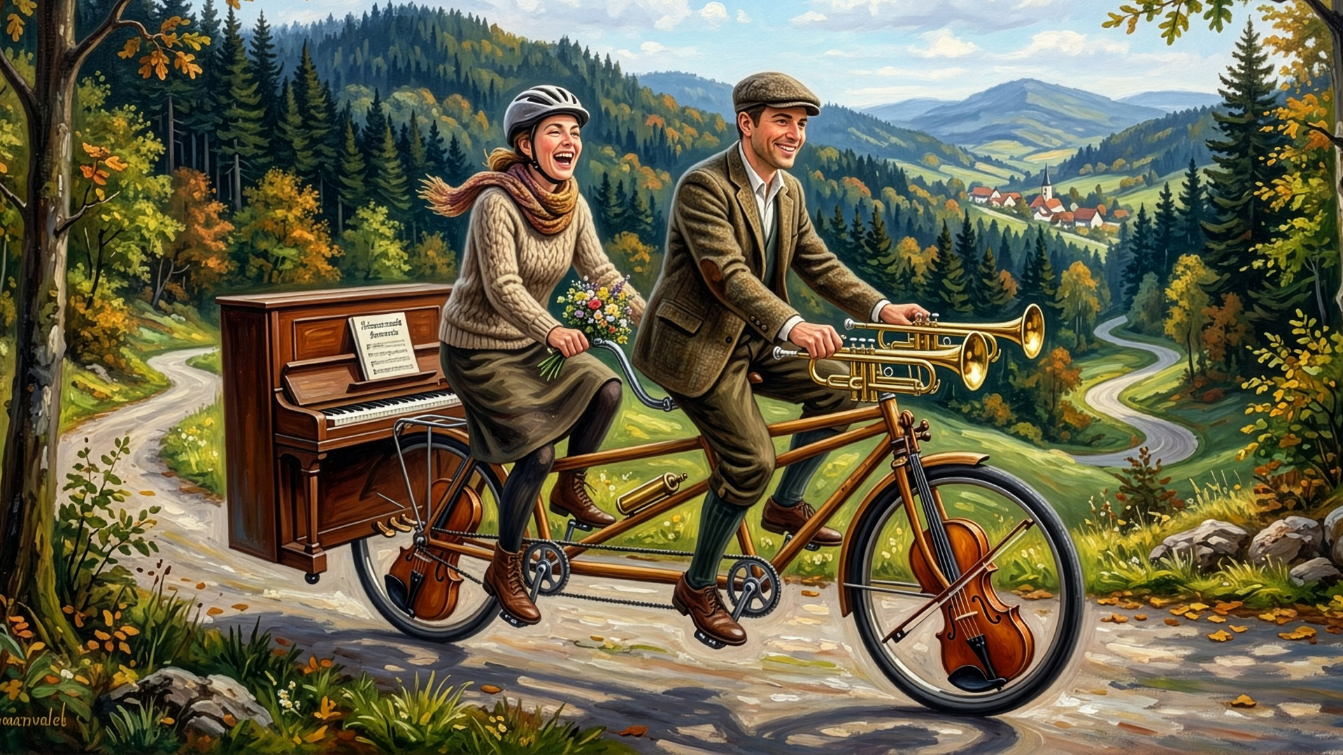 Ein ki-generiertes Bild zeigt ein Paar auf einem Tandem, das aus Musikinstrumenten besteht.