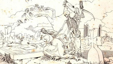 Graphik mit Rappen, Tod und Frau am Grab