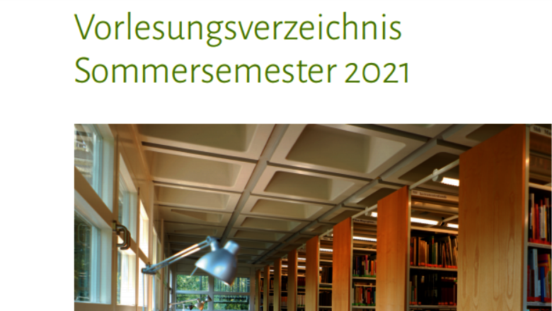 Bild mit Überschrift "Vorlesungsverzeichnis 2021" über ein Foto von Bücherregalen der Bibliothek