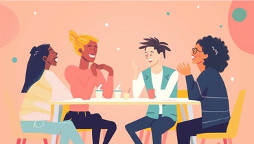 Illustration von jungen Menschen, die an einem Tisch sitzen und sich unterhalten