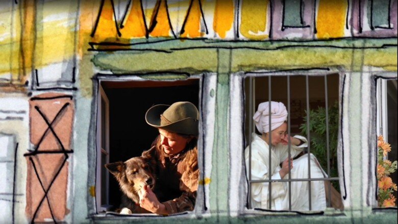 Zwei Sängerinnen am Fenster eines gezeichneten Hauses.